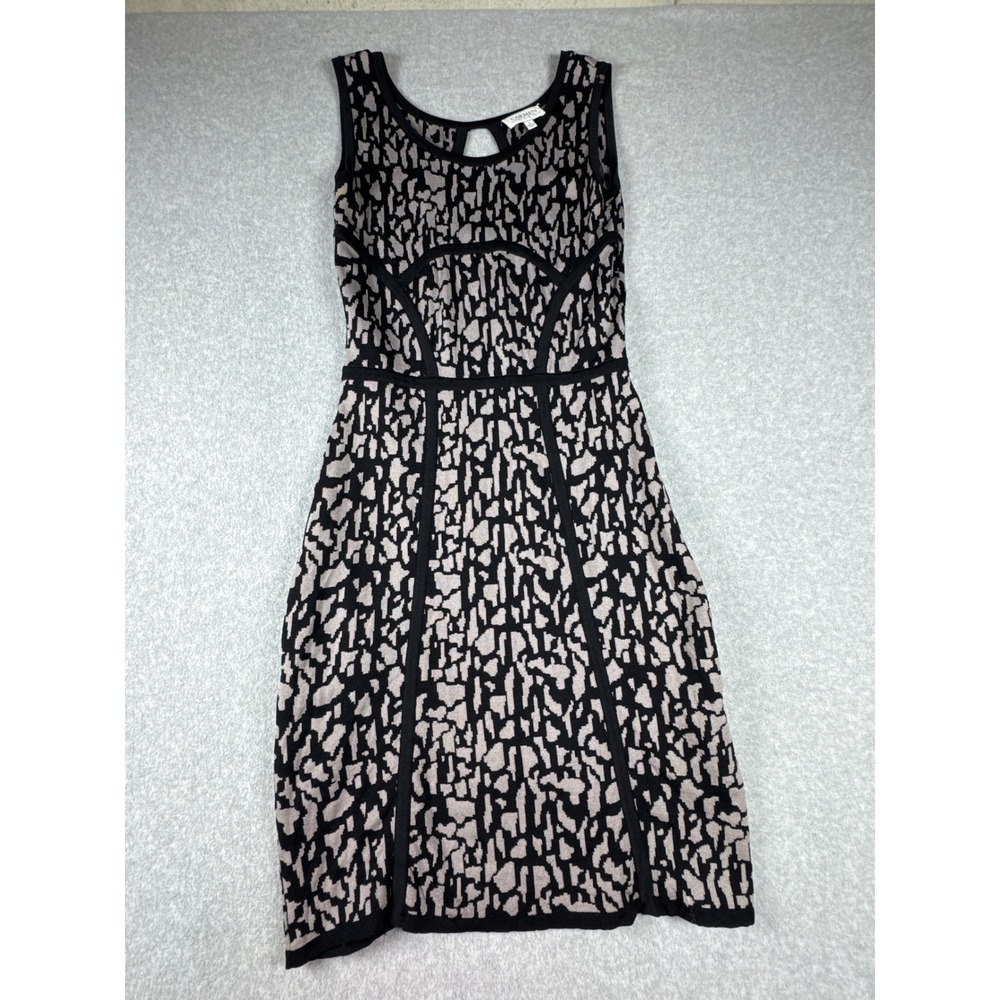 Carmen Marc Valvo Women Black Tan Abstract Print Knit Fit Flare Dress Small